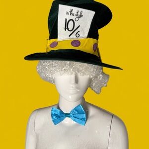 Mad‎ Hatter Hat 10/6 with blue Bow Tie and white curly hair kit